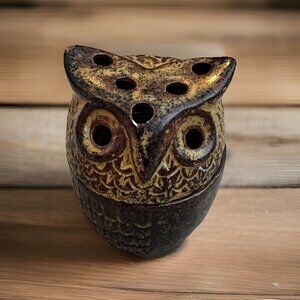 Owl Incense Burner 2-Piece 3” Ceramic Pottery Brown vintage 70s Made In Taiwan